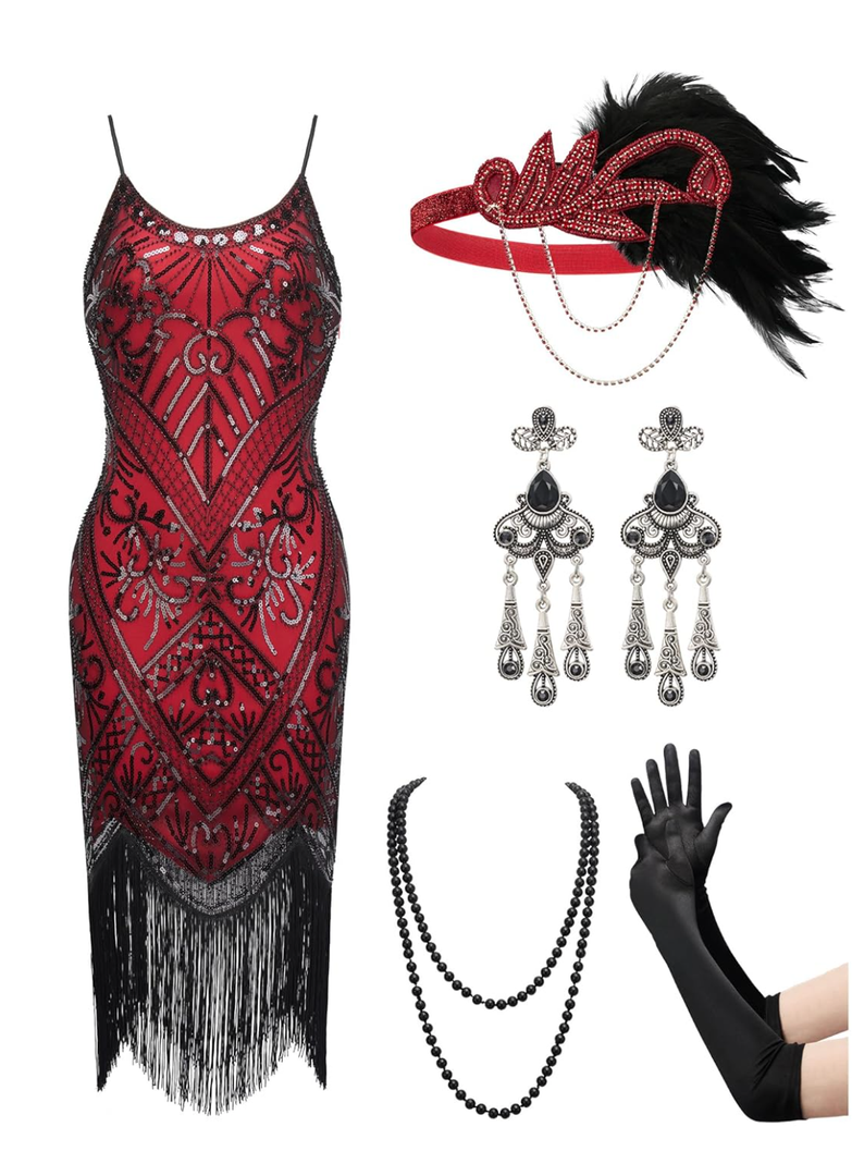 YESSA Women's Flapper Dresses 1920s,Great Gatsby Dresses Sequin Fringe Cocktail Dress Roaring 20s Dress for Harlem Nights M, Dark Red