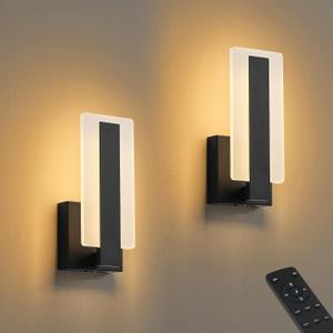KARTOOSH Rechargeable Wireless Wall Sconces, Battery Operated Modern Wall Light Set of Two with Remote Control, Dimmable, 3000K/4000K/6000K,Timer,Cordless Lighting for Hallway, Bedroom, Living Room Black