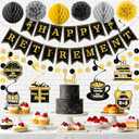 Retirement Party Decorations Black Gold Happy Retirement Banner with Paper Pom Poms Honeycomb Balls Hanging Swirl and Glitter Circle Dot Garland for Men Women Employee Farewell Going Away Party Decor