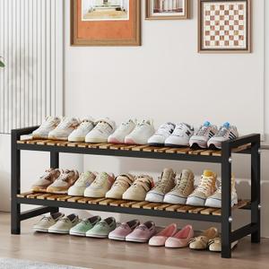 Shoe Rack Organizer for Small Spaces 2Tier Long Narrow Shoe Stand, Closet Shoe Rack, Small Shoe Shelf for Closet Entryway Corner Garage and Bedroom Front Door - Shoe Storage Combining Wood and Metal