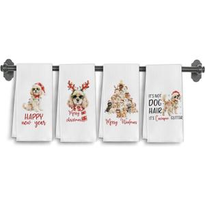 Winter Christmas Cavapoo Dog Kitchen Towels, Cavapoo Gifts Dish Tea Towels for Kitchen Decor, Dog Lover Mom Owner Gifts Decorative Hand Towel for Bathroom, 16x24 Inch Set of 4