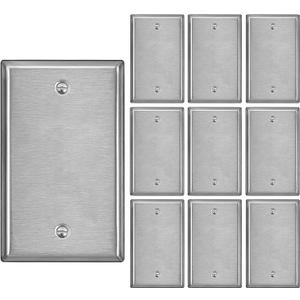 [10 Pack] BESTTEN No Device Stainless Steel Wall Plates with hite or Clear Plastic Film, Blank Metal Outlet Cover, Durable Corrosion-Resistant Industrial Grade Materials, H4.53 x W2.76