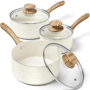MICHELANGELO Saucepan Set with Lid, Nonstick Sauce Pan Sets with Granite Coatings, Non-Toxic Sauce Pot Sets of 3, Induction Compatible, 1Qt, 2Qt & 3Qt, White