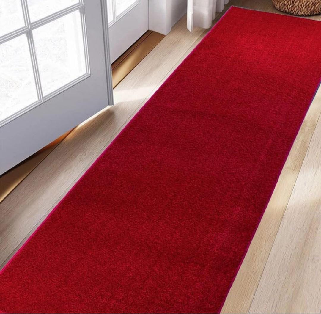 Washable Custom Size Runner Rug Solid Color Red, (12 Feet Length x 26 Inch Width) Custom Cut Slip Resistant Rubber Backing Runner Rugs, Extra Long Runner Rugs for Hallways