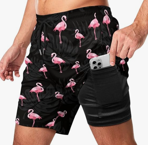 Cerburny Mens Swim Trunks with Compression Liner Men Beach Shorts Bathing Suit Quick Dry Printed Swimming Short with Pockets, Medium