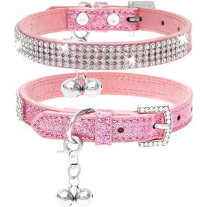 PUPTECK Basic Adjustable Cat Collar with Bling Diamond and Double Bells, for Kitten and Small Puppy, Fashion and Shining Dog Rhinestone Collars, 8-10 in, Pink