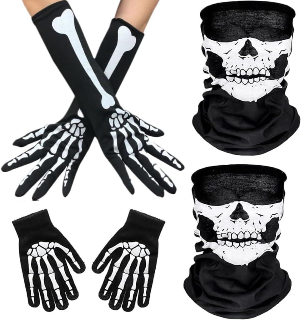 Halloween Skeleton Gloves Face Masks and Bone Long Gloves, Skull White Black Skeleton Dress Up Cosplay Costume Accessories for Adults Halloween Dance Party