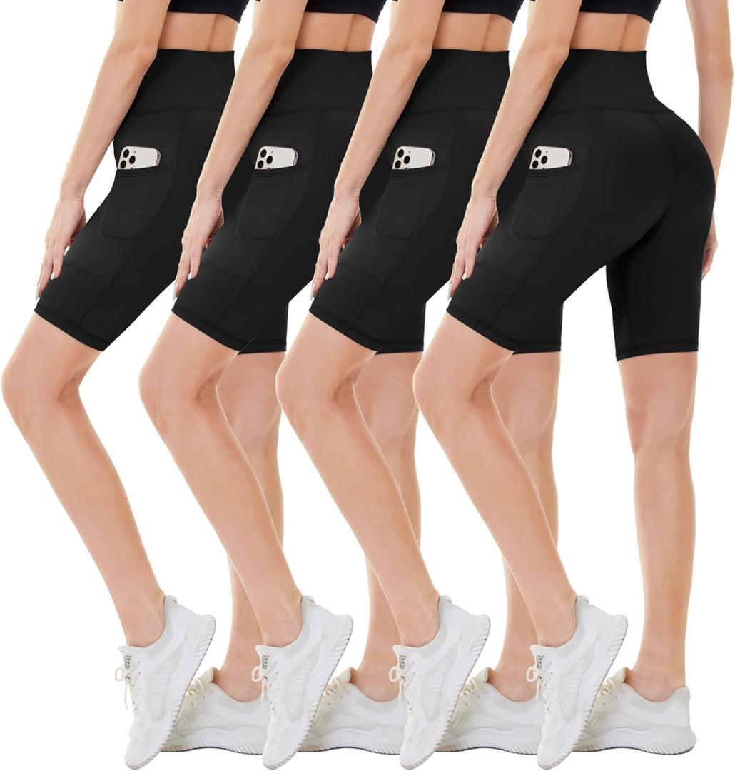 CAMPSNAIL 4 Pack Biker Shorts Women with Pockets  5"/8" High Waist Tummy Control Workout Gym Yoga Running Compression Shorts (Large-X-Large)