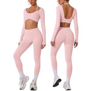 ABOCIW Workout Sets for Women Long Sleeve Crop Top Scrunch Butt Lifting High Waist Leggings 2 Piece Gym Yoga Outfits XS