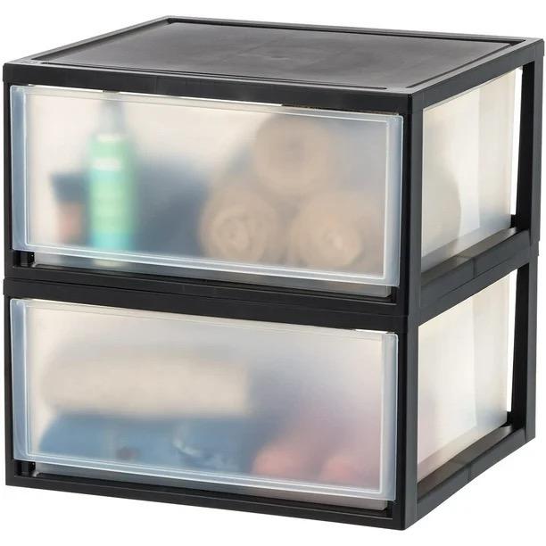 Extra Large Plastic Stacking Drawer, Stackable Storage Organizer Unit with Sliding Drawer for Bedroom Closet Garage Craft Room Dorm Office - 2 Pack, Black, 19" x 20" x 10"