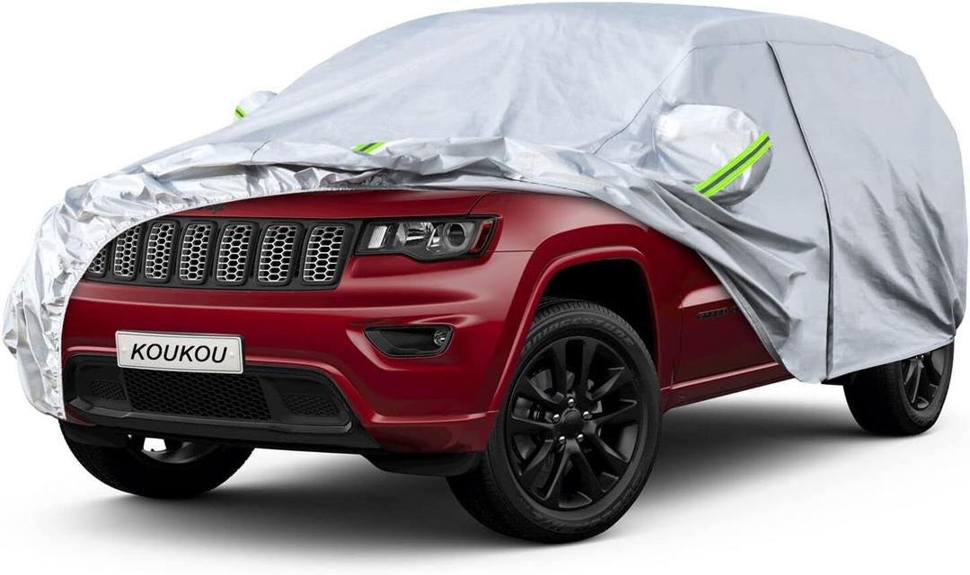 KouKou 6 Layers SUV Car Cover Waterproof All Weather, Universal Fit Jeep Grand Cherokee,Honda Pilot, Lexus RX350, Jeep etc, Outdoor Full Exterior Jeep Covers with Zipper Door. (190 to 201 inches) (silver)