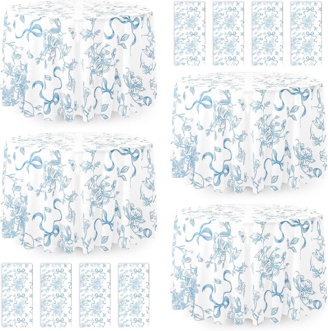 Ganeen 12 Pcs Blue Bow Floral Round Tablecloth 84 Inch Bow Plastic Round Table Cover Bows Theme Birthday Decor Disposable Waterproof Table Decoration for Birthday Wedding Baby Shower Party Favor