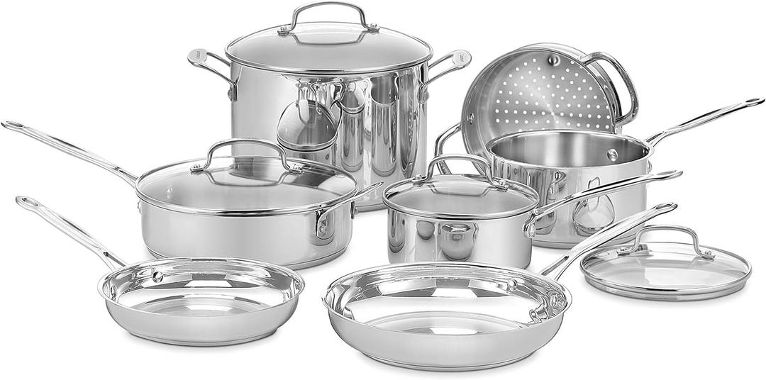 Cuisinart Chefs Classic 11-Piece Stainless Steel Cookware Set, Pots and Pans Cooking Set with Aluminum Encapsulated Base to Heat Quickly and Evenly, Cool Grip Handles, Dishwasher Safe, 77-11G