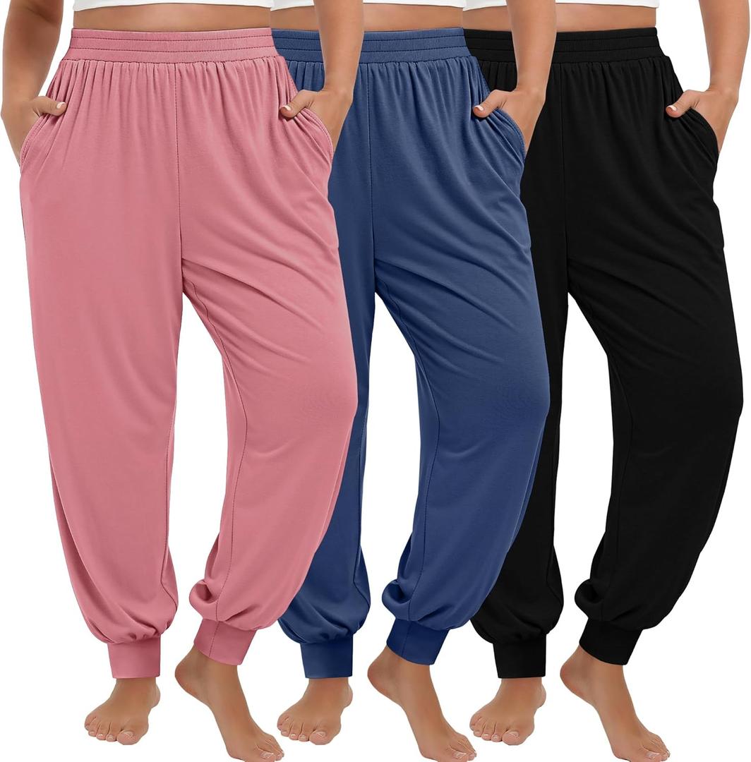 3 Pack Women's Plus Size Yoga Joggers, Comfy High Waisted Lounge Pants Loose Casual Sweatpants Pajama with Pockets (4X-Large, Peach Pink, Blue, Black)
