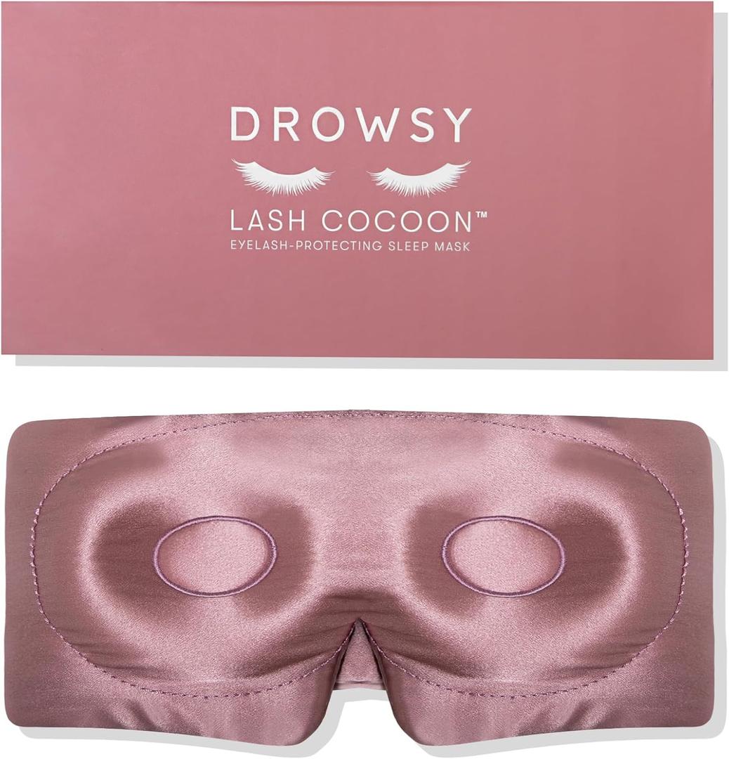 DROWSY Eyelash Protecting Silk Sleep Mask for Natural Lashes & Extensions. Deep Eye Cups, Zero Pressure, Total Blackout, Full Wraparound (Damask Rose)