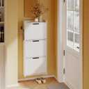 SoBuy Wall Mounted Shoe Cabinet with Motion Sensor LED Light | 3 Narrow Flip Drawers Shoe Storage Organizer with Hooks & Open Shelves for Entryway, White