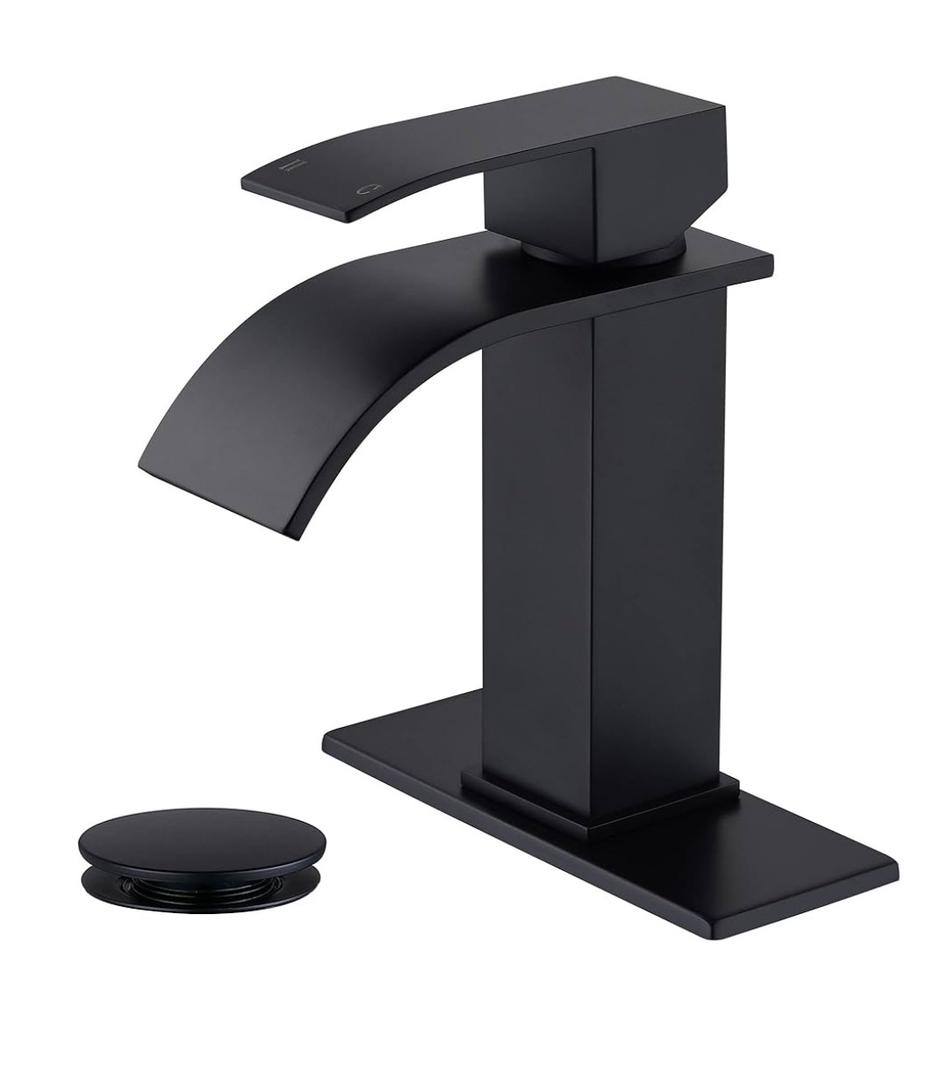 Black Waterfall Bathroom Faucet Single Hole, Bathroom Sink Faucet with Pop Up Drainer Assembly and Deck Plate for 3 Hole Installation JXM122BK