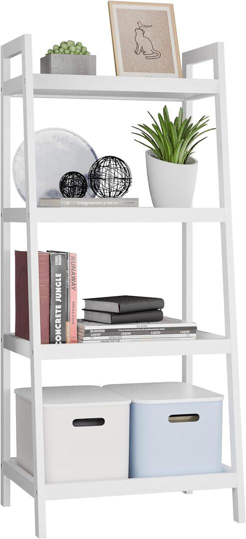 SMIBUY Bamboo Ladder Bookcase, Bathroom Storage Rack Organizer, 4 Tier and 5 Tier Freestanding Plant Display Stand Space Saver Shelves for Bedroom, Kitchen, Balcony (White, 4 Tiers (39" H))