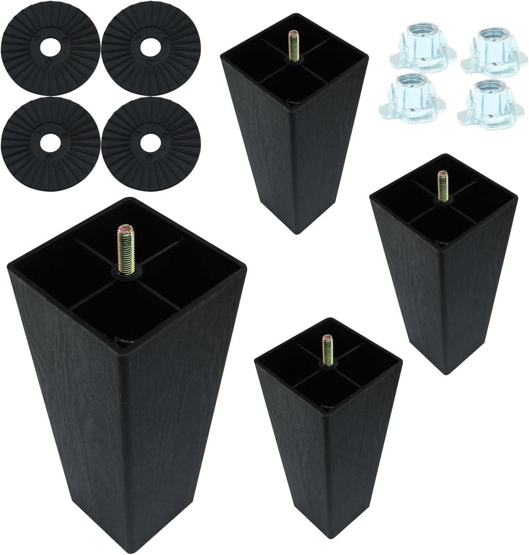 4Pcs 8 Inch Plastic Furniture Legs, Square Sofa Legs Black Couch Legs M8 Thread (Metric 8mm) Furniture Feet Cabinet Replacement Legs for Bed, Chair, Ottoman