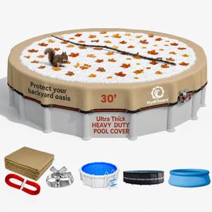 [Ultra Thick] 30FT Round Winter Pool Covers for Above Ground Pool Covers Easy Install 195GSM 500D,UV & Tear Resistant, Upgraded Heavy-Duty Winch, Reinforced Edges, Extra 4Ft Overlap Beige