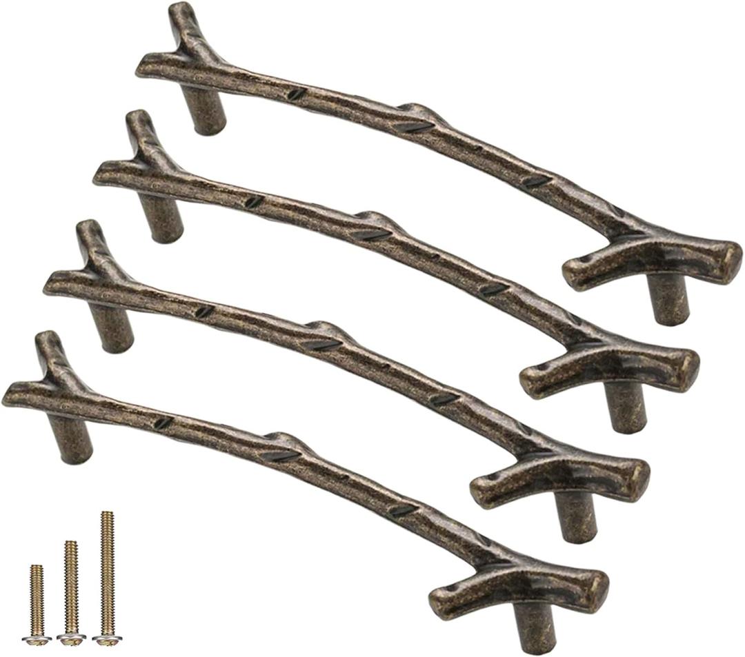 4Pcs Large Vintage Tree Twig Branch Cabinet Knobs Pulls Handles,Zinc Alloy Drawer Pull Handle for Farmhouse Cabin Mountain House Kitchen Cupboard Wardrobe (4 Pack, Hole Distance 5", Bronze)