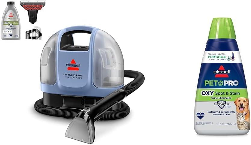 BISSELL Little Green Mini Cordless Portable Carpet and Upholstery Deep Cleaner, 4015L + BISSELL PET PRO OXY Spot & Stain Formula for Portable Carpet Cleaners, 32 oz., 2034