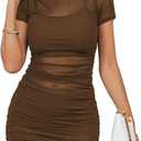Rooscier Women's Mesh Dress Short Sleeve Bodycon 3 Piece Outfits with Cami Shorts Brown, Small