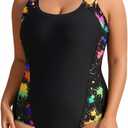 Aqua Eve Plus Size Swimsuits Athletic One Piece Bathing Suit for Women Tummy Control Slimming Swimwear (Colorful Black,18 PLus)