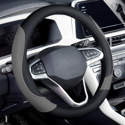 Coverado Car Steering Wheel Cover, Nappa Leather Black & Gray Steering Wheel Covers, Universal 14-15 inch, Anti-Slip, Breathable Steering Wheel Protector for Women Men