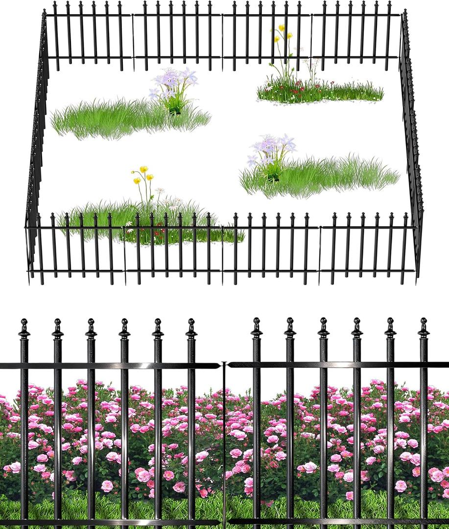 12-Panel Wrought Iron Garden Fence, 24in H x 24ft L, Thickened Hollow Iron Tubes, Multi-Purpose Metal Fence for Dogs, Gardens & Patio
