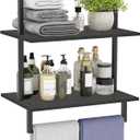 Wall Mounted Towel Rack for Bathroom, Bath Storage Holder 3-Tier Steel Wood Towel Shelf with Bar, Black
