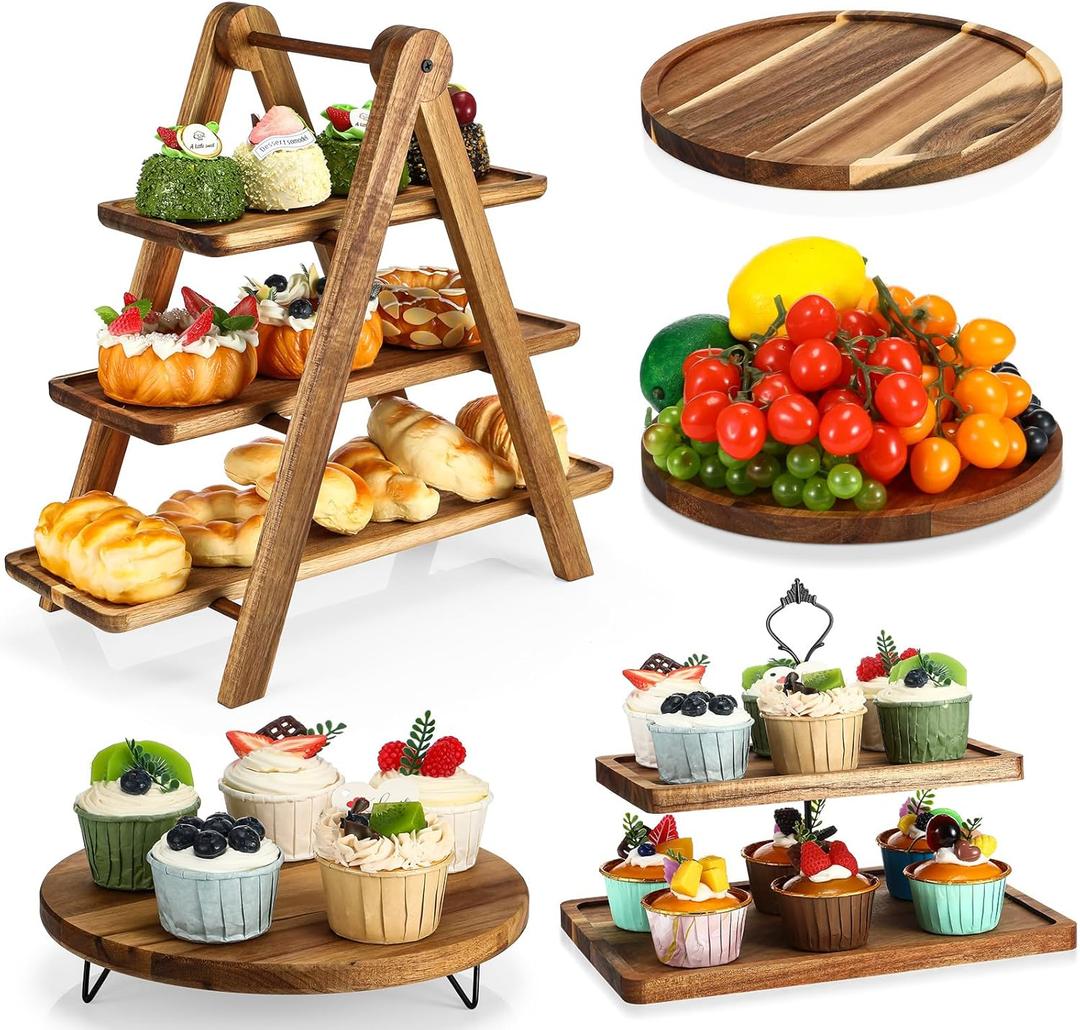 Havawish Pack of 5 Wooden Dessert Table Display Set, Farmhouse 2 Tier Cupcake Stand 3 Tier Wood Cake Tower Round Serving Tray Food Platter for Tea Party Wedding Farmhouse Decoration