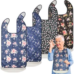 Bravace 4 Pack Adult Bibs for Eating Waterproof Clothing Protector with Detachable Crumb Catcher Adult Bibs for Women and Men (Colorful Big Flower)