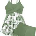 Girls Swimsuits Criss Cross Tropical Print Mesh Dress Bathing Suits with Shorts 2 Piece Tankini for Teens (11-12 Years, Green)
