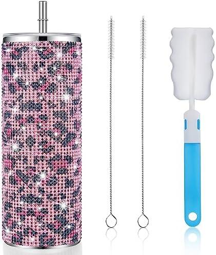 Tessco Bling Tumbler Cups Rhinestones with Straw Glitter Water Bottle Stainless Steel Straw Tumbler Insulated Bling Cup with Lid Brush for Teacher Graduation Season Gifts(20 oz,Pink Leopard Print)