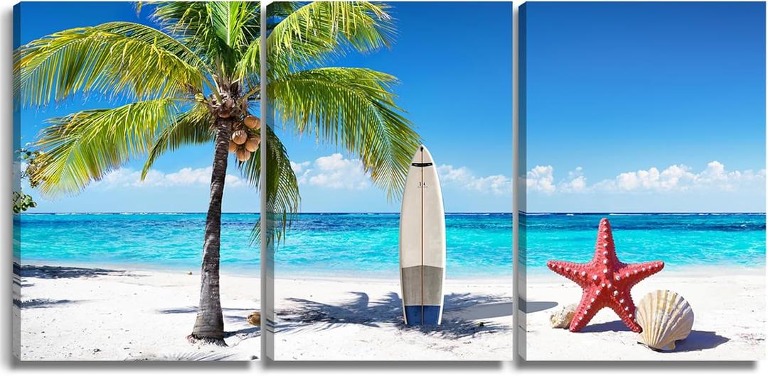 Pormipone 3 Pcs Summer Beach Wall Art Decor, Coconut Tree Canvas Painting Posters,Seaside Starfish Shells Hawaii Pictures for Living Room Bedroom Home Decoration 12 * 18(Poster No Frame)