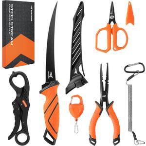 KastKing SteelStream 6pc Fishing Tool Kit - Corrosion Resistant Fishing Pliers with Lanyard, Fillet Knife, Floating Fish Lip Gripper, Fishing Braid Scissors, Tool Retractor, Fishing Gifts for Men