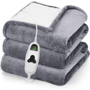 greenoak Heated Blanket Electric Throw 50"X60", Heating Blanket with 10 Heat Levels 1/2/4/6/8 Hours Auto-Off,Fleece Soft Sherpa Blanket,Gifts for Grandma Mom Seniors, Misty Grey