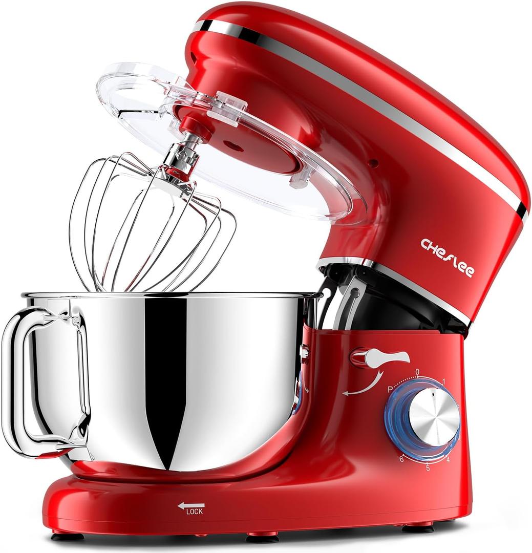 CHeflee Stand Mixer,600W 6+P With 6.5QT Stainless Steel Bowl,Dough Hook, Wire Whip & Beater,for Most Home Cooks,Red (Bright Red)
