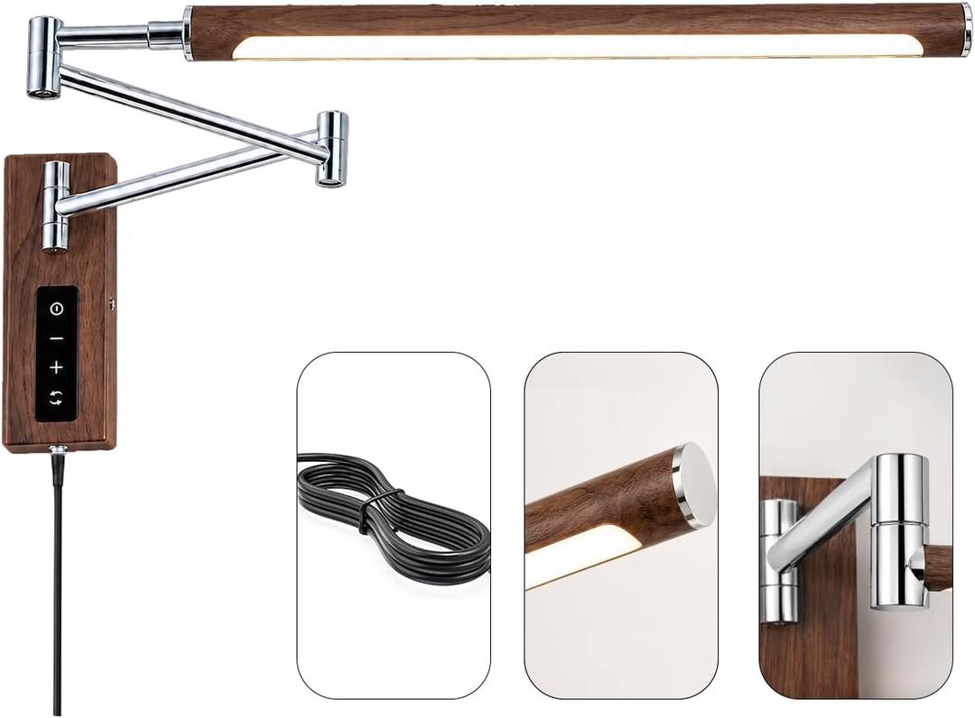 Walnut Finish Adjustable Plug-in Wall Light, Metal Swing Arm Wall Lamp with Touch Control, 12W LED Wall Sconce, 3 Color Temperatures, Directional Wall Mount Lamp for Bedroom Bedside, 20 Inch