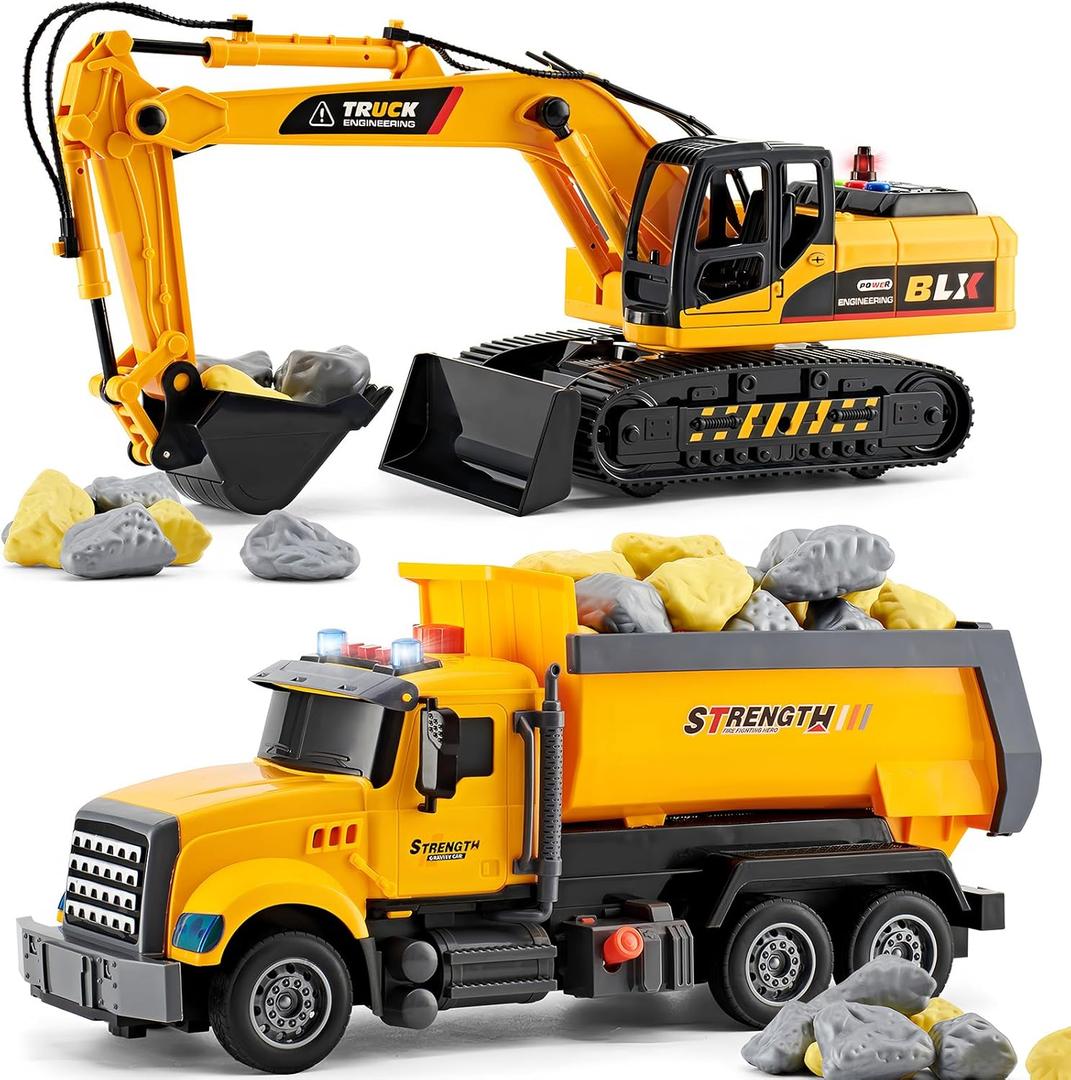 LerBao 2 Pack Large Construction Engineering Truck Toys,Moveable Claw Excavator & Lifting Back Dump Truck Toy for 3 4 5 6 7 8 Years Old Boys Kids Childs Toddlers Birthday Christmas GIFS