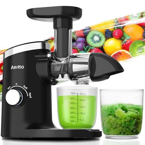 Aeitto Classic Horizontal Cold Press Juicer, Slow Masticating Juicer with Quiet Motor, High Juice Yield, Easy to Clean, Juicer Machines with Soft & Hard Modes for Fruits & Vegetables, Premium Black