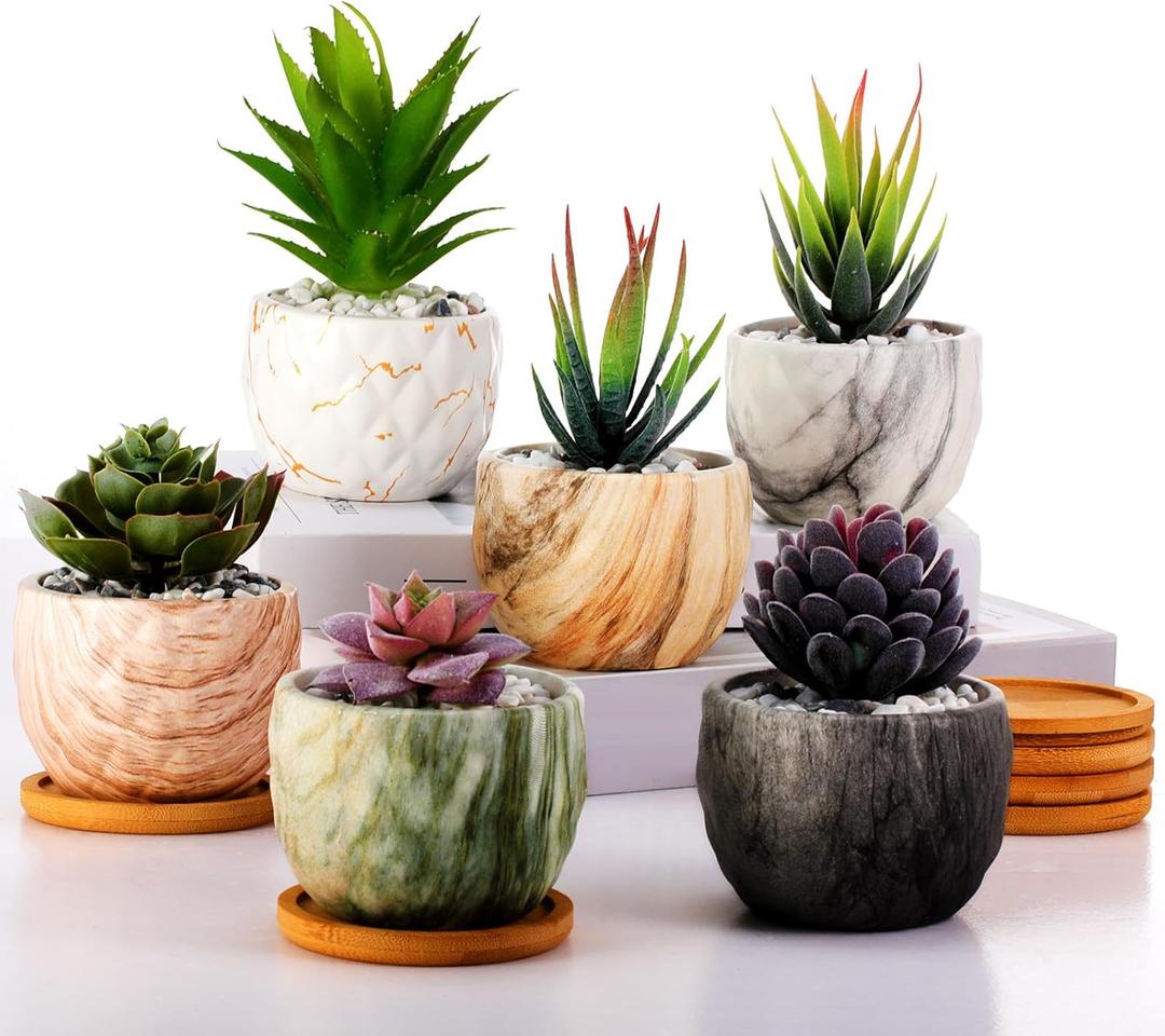 Marbling Ceramic Flower Pot 3.35 Inch Succulent Small Plant Cactus Herbs Planter Ceramic Pot with Drainage Hole Matte Round Container(6 Pcs,Elegance Style)