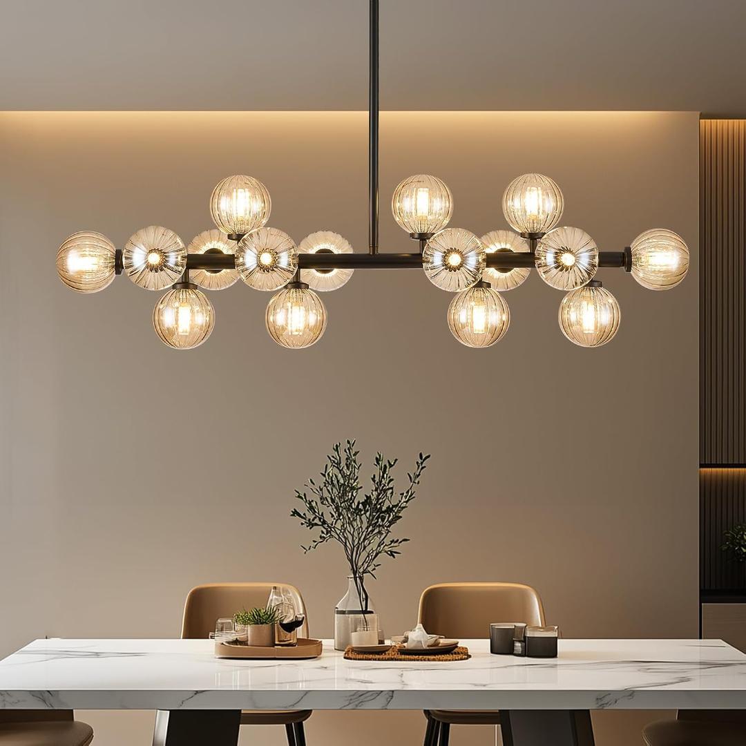 Glass Globe Sputnik Chandelier, 16-Light Mid Century Modern Light Fixture Over Table, Linear Chandeliers for Dining Room, Kitchen Island, Black and Amber Bubble, 40 Inch, GC-02