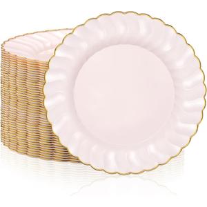 Hushee 50 Pcs Plastic Plates with Gold Trim 6'' Small Round Disposable Vintage Dessert Plates for Party Birthday Buffet Wedding Catering Celebration Reception (Pink)