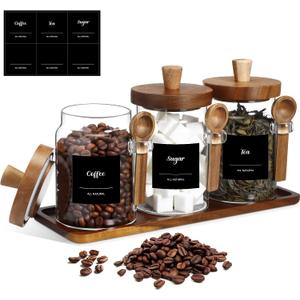 Suclain 3 Pcs Glass Coffee Container with Wooden Lid Spoon Shelf Labels Clear Airtight Jar Food Storage Canister Set for Sugar Spice Coffee Bean Holder Housewarming Gift(20 oz,Acacia Brown)