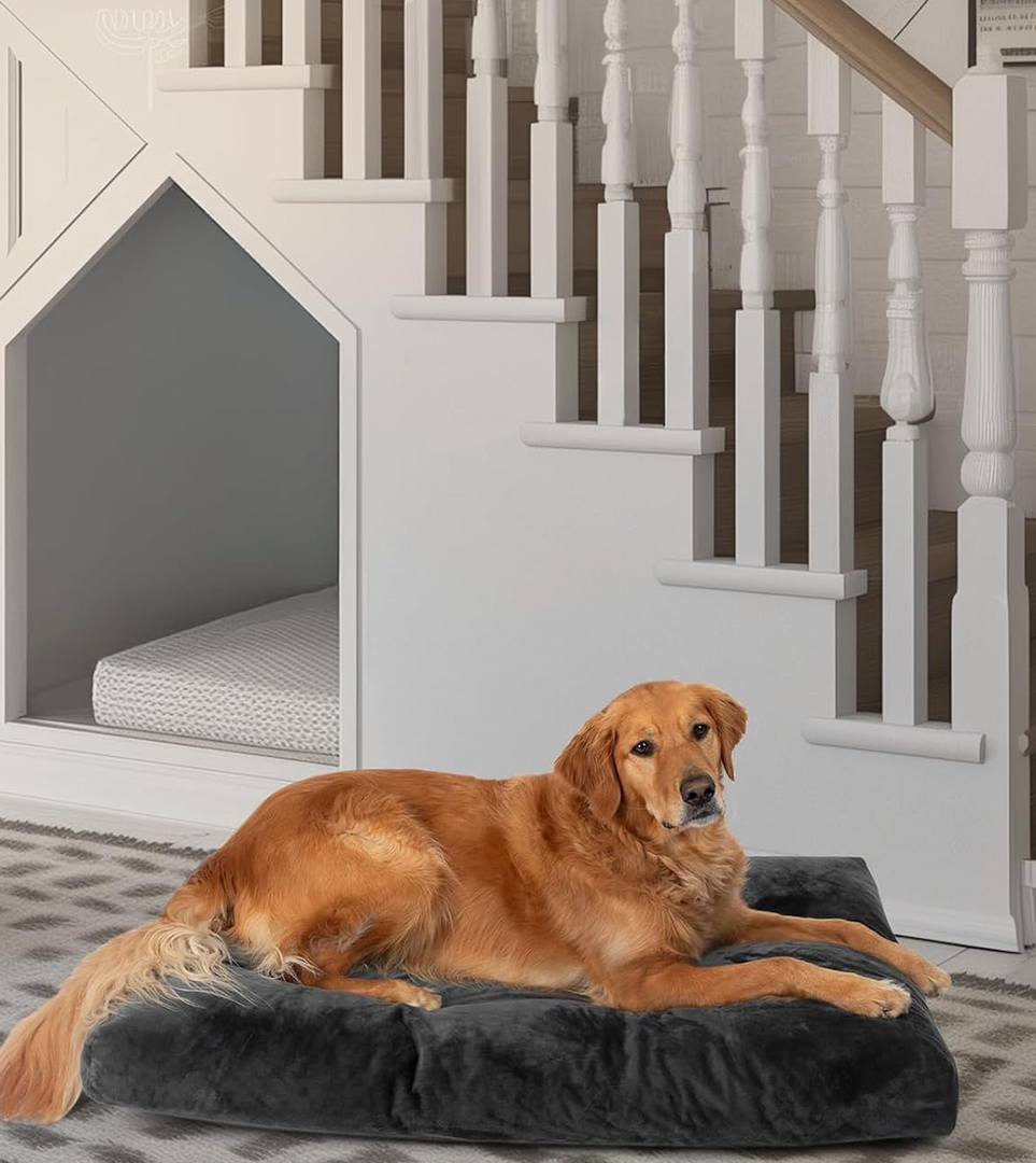 OhGeni Comfort Fluffy Dog Bed with Removable Washable Cover & Waterproof Lining, Light Chew & Scratch Resistant, Non-Slip Soft Crate Bed for Large, Medium, Small Size Dogs, 41in(Gray) (41.0"L x 27.0"W x 4.0"Th)