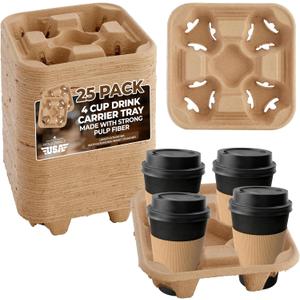 4 Cup Holders Drink Carrier 8-32 oz | 25 Cup Holder Tray Drink Carrier for Delivery Drinks Hot and Cold Beverages To Go Disposable Compostable Pulp Fiber Restaurant Supplies, Coffee Shops, Uber Eats