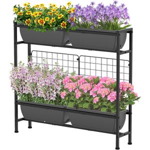 CADUKE Raised Planter Box, Plastic Raised Garden Bed with Legs, Standing Planter Box with Drainage Holes & Trellis, 32" Elevated Flower Beds Outdoor & Indoor for Vegetables, Balcony, Patio, Grey