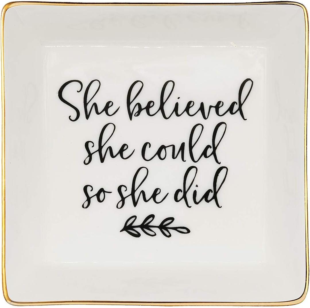 Jewelry Tray Ceramic Trinket Dish Ring Funny Birthday Gifts for Women Unique New Job Spiritual Congratulations Gift Best Friend Mom Friendship Office Decor,She Believed She Could So She Did